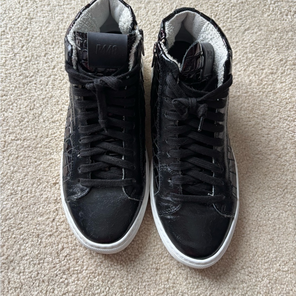 P448 Fantasy Glitter Croc Embossed High Top Sneakers Black Shearling Italy Sz 37